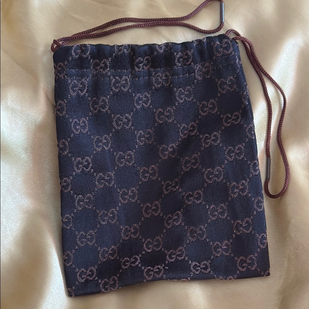Gucci Black and Brown Logo Drawstring Satin Beauty Pouch